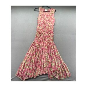 MISA Los Angeles Dress Paisley Mesh Maxi Pink Green Ruched V-Neck Tiered Medium
